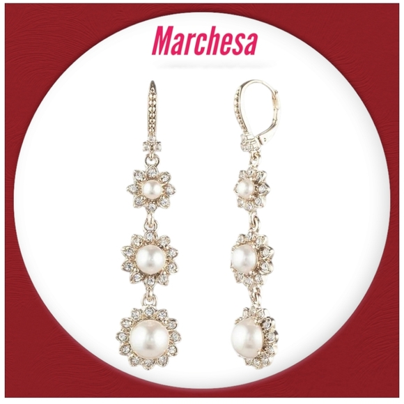 Marchesa Triple Pearl Statement Crystal Linear Earrings - Picture 1 of 9